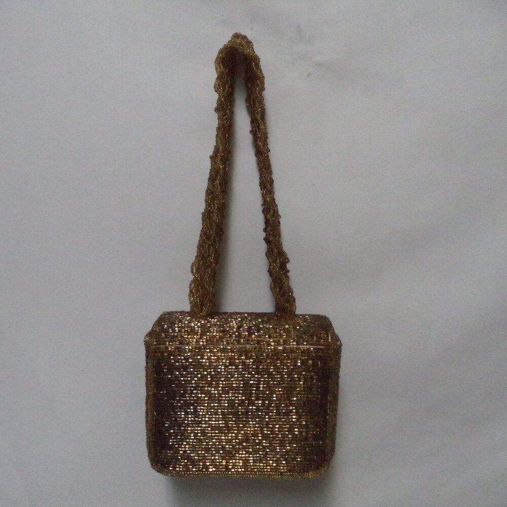 Vintage gold Beaded Box handbag purse small Beaded strap w/ Mirror Occasion